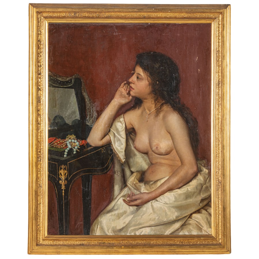 ENRICO FIORE: Marigliano, 1849 - 1902 La Vanitosa Firmato Fiore in basso a sinistra Olio su tela, cm 98X78,5 Provenienza: Roma, collezione privata Il dipinto in catalogo sembra corrispondere all'opera La vanitosa, 