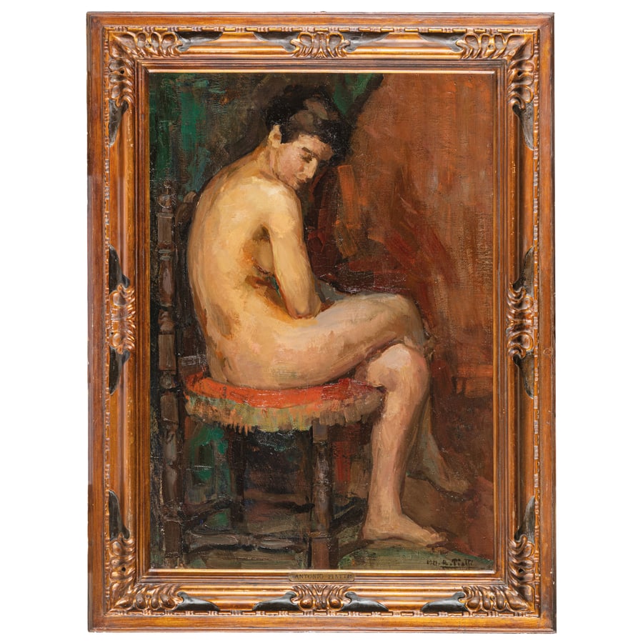 ANTONIO PIATTI: Viggiù, 1875 - 1962 Modella in posa in un interno Firmato A Piatti e datato 1927 in basso a destra Olio su tela, cm 85X59,5 Il dipinto raffigura una figura femminile nuda colta in posizione