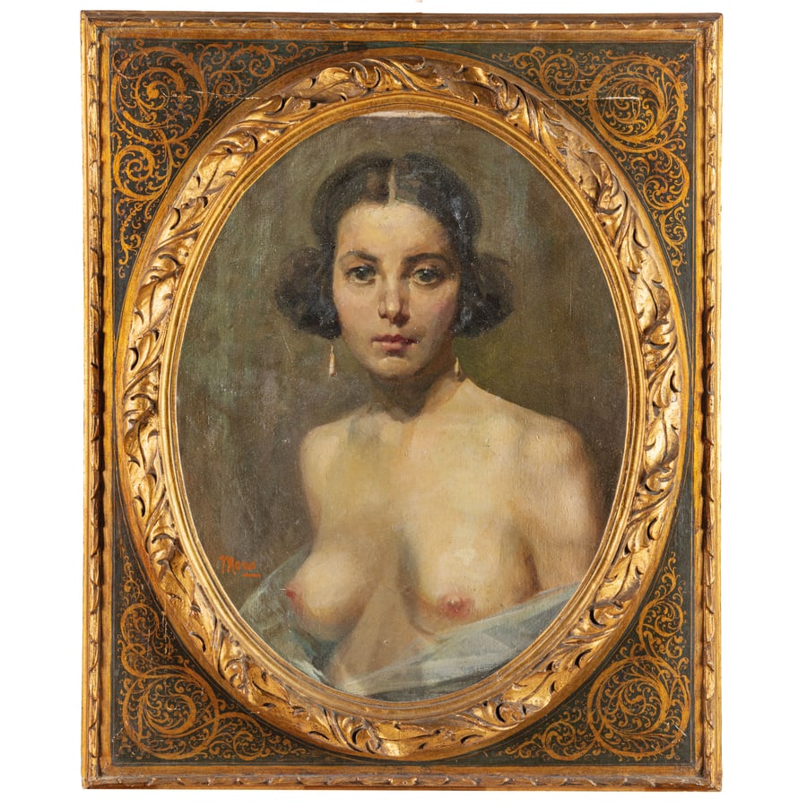 FERRUCCIO MORO: Arona, 1859 - Firenze, 1948 Nudo femminile Firmato Moro in basso a sinistra Olio su tela applicata su cartone, cm 66X50 Provenienza: Milano, collezione privata Ferruccio Moro, formatosi in ambito