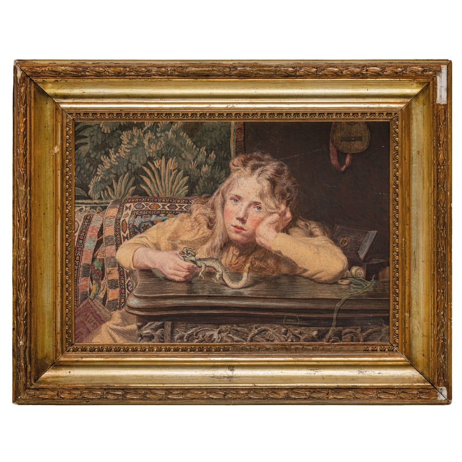 PITTORE DEL XIX SECOLO: Fanciulla malinconica con il piccolo drago Firma non identificata in basso a destra Acquarello su carta, cm 25,5X35 Il delicato acquerello raffigura una fanciulla dai lunghi capelli biondi,