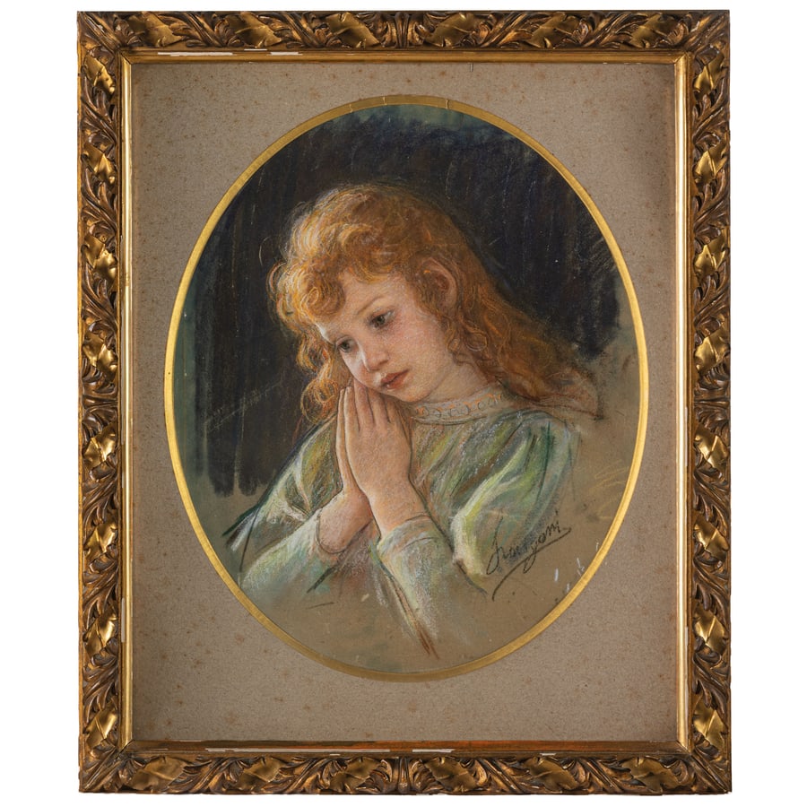 EMILIO LONGONI: Barlassina 1859 - Milano 1932 Bimba che prega, preghiera del mattino Firmato Longoni in basso a destra Pastello su cartone, cm 65X50 Provenienza: Italia, collezione privata Bibliografia: E Bronzini