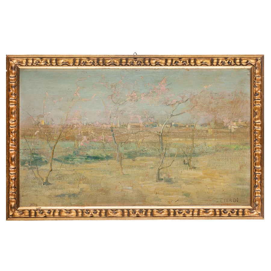 GUGLIELMO CIARDI: Venezia, 1842 - 1917 Paesaggio primaverile Firmato G Ciardi in basso a destra Olio su tavola, cm 29,5X50 Provenienza: Milano, collezione privata Le opere di Guglielmo Ciardi rappresentano un modello