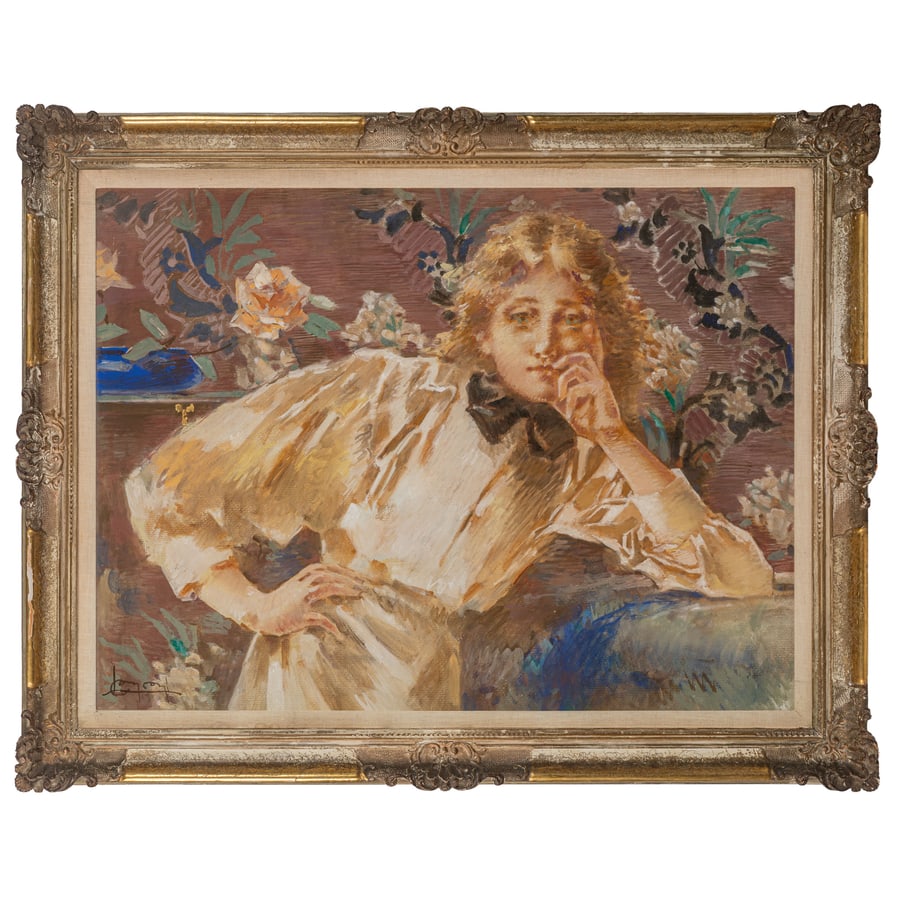 LUIGI CONCONI: Milano, 1852 - 1917 Ragazza pensierosa in un interno Firmato L Conconi in basso a sinistra Tecnica mista su tavola, cm 75X103 Provenienza: Milano, collezione privata Conconi è stato un artista