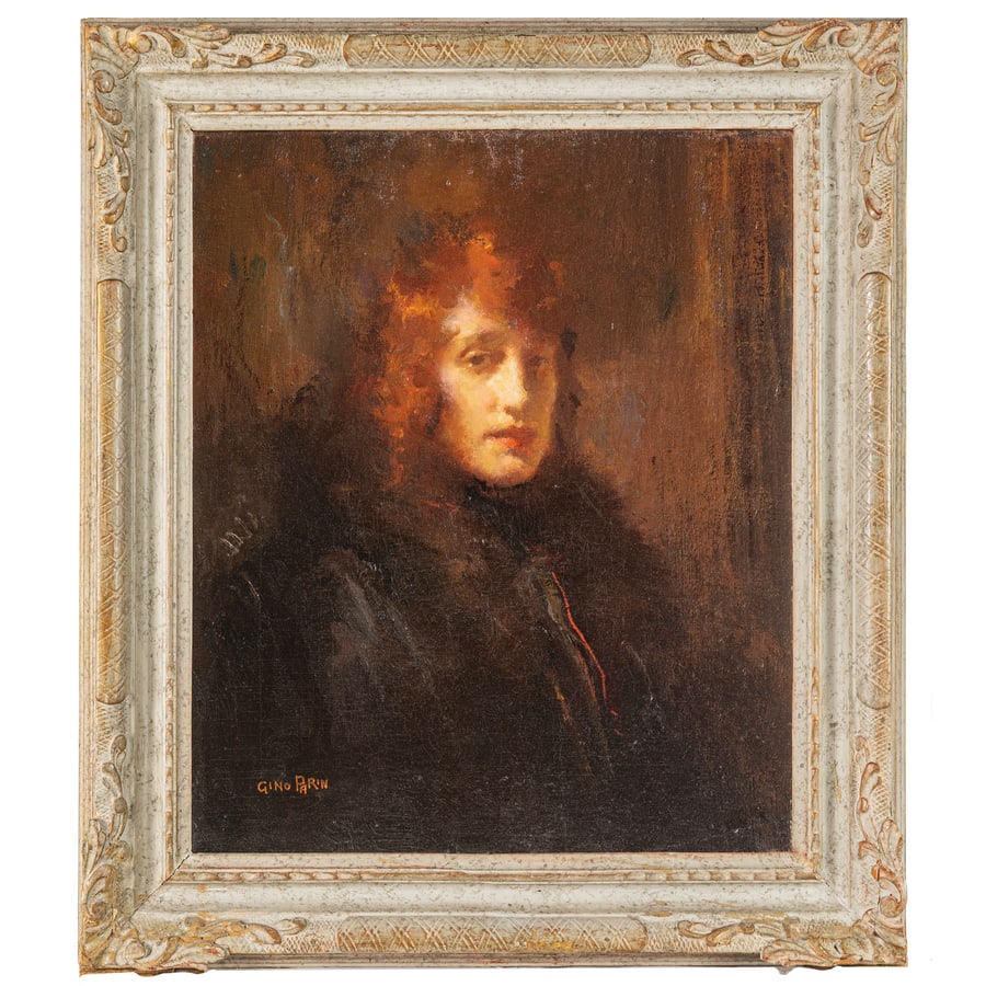 GINO PARIN: Trieste, 1876 - Bergen-Belsen, 1944 Ritratto di Fanny Tedeschi con ombre rosse Firmato Gino Parin in basso a sinistra Olio su tela cm 64,5X53,5 Bibliografia: C Ragazzoni, Gino Parin, Trieste 2003,