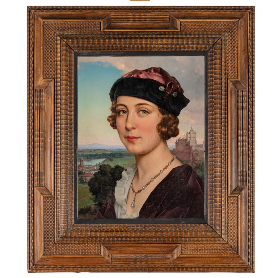 FERNANDO LABRADA: Periana 1888 - Madrid 1977 Ritratto femminile Firmato F Labrada in basso a destra Olio su tavola, cm 41X31 Provenienza: Roma, collezione Donà dalle Rose Il dipinto, proveniente da un importante