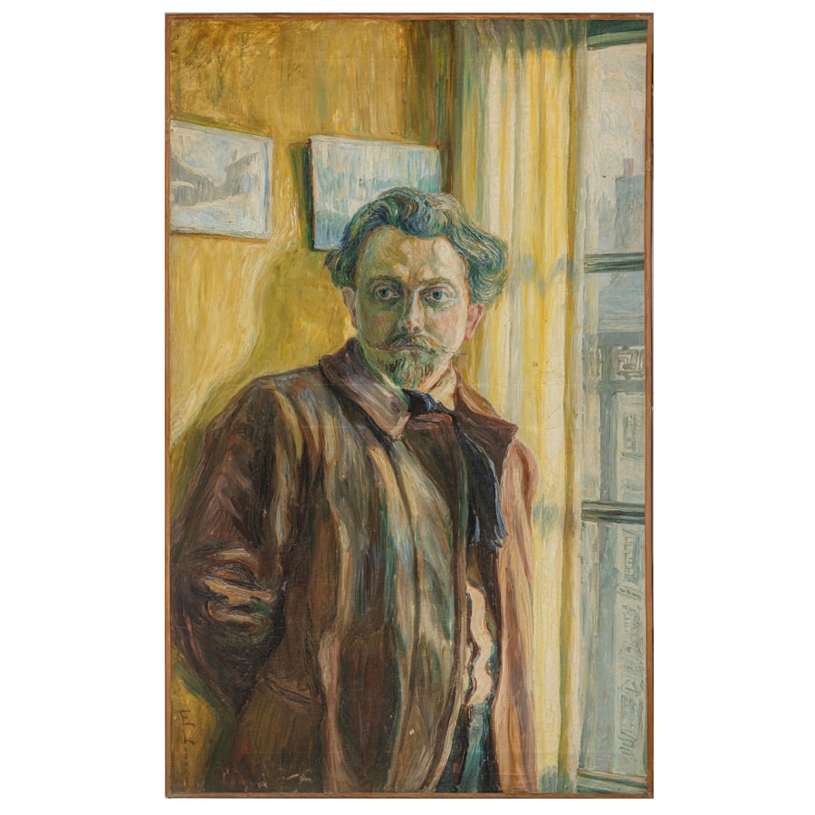ENRICO LIONNE: Napoli 1865 - 1921 Ritratto maschile in un interno Firmato E Lionne in basso a sinistra Olio su tela, cm 92X57 Provenienza: Genova, collezione privata Il dipinto di Enrico Lionne, che raffigura un