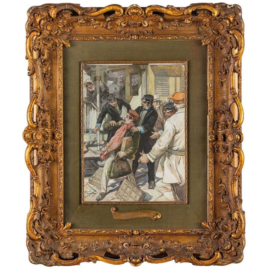 RICCARDO PELLEGRINI: Milano, 1863 - Crescenzago, 1934 Espulsione di Edison Firmato Riccardo Pellegrini in basso a sinistra Tempera su carta, cm 40,5X30 Provenienza: Milano, collezione privata L'opera, proveniente da una