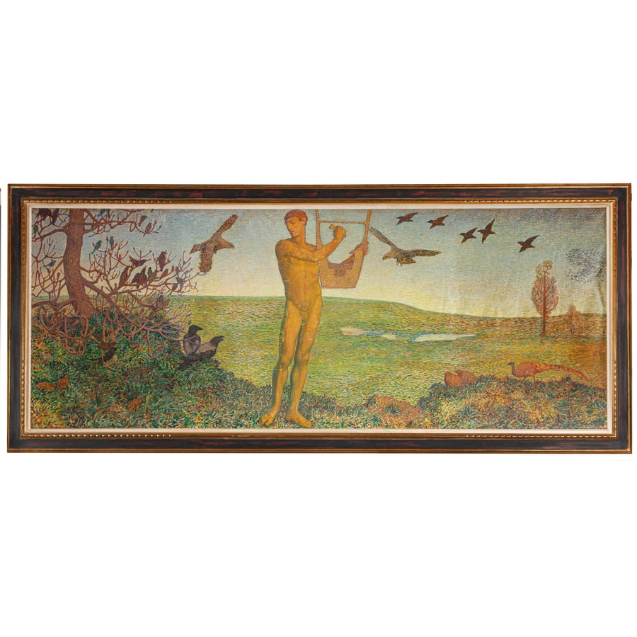 PITTORE DEL XIX-XX SECOLO: Orfeo e il canto della terra Olio su tela, cm 147X382,5 Provenienza: Italia, collezione privata La grande tela richiama con grande coerenza il mondo simbolista e divisionista dove la figura umana si
