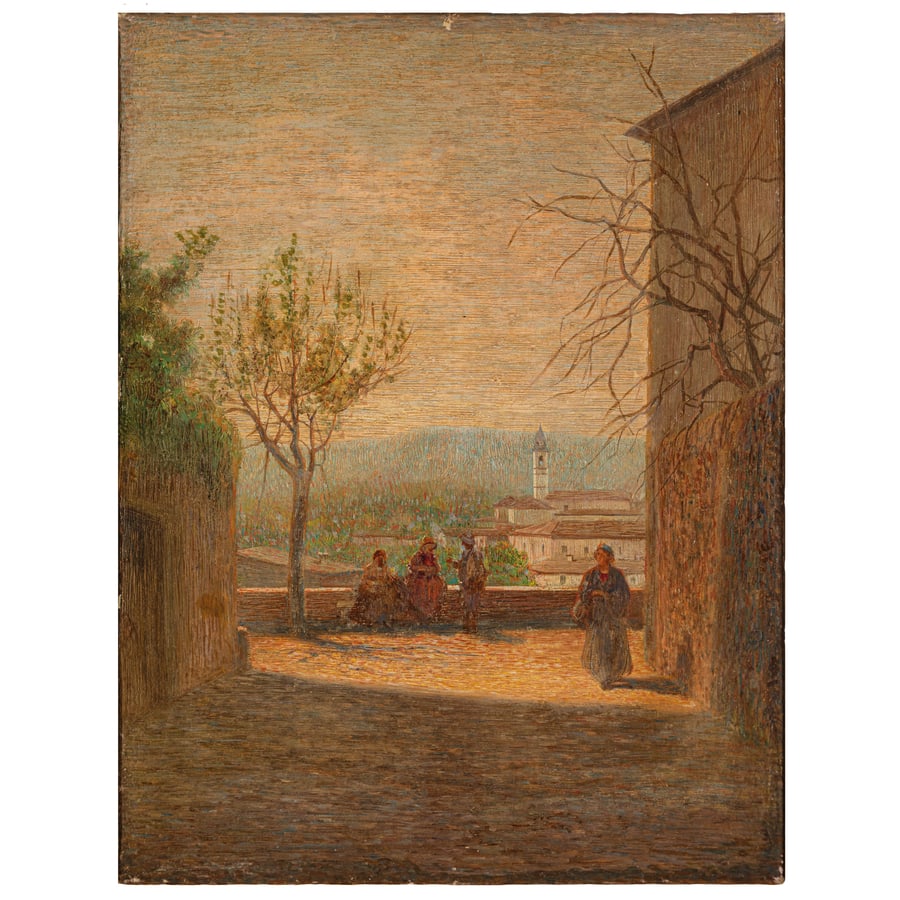 PITTORE DEL XIX SECOLO: Sulla terrazza al calar della sera Olio su tela, cm 46X35 Provenienza: Torino, collezione privata In questo dipinto ambientato su una terrazza al calare della sera, la scena è costruita