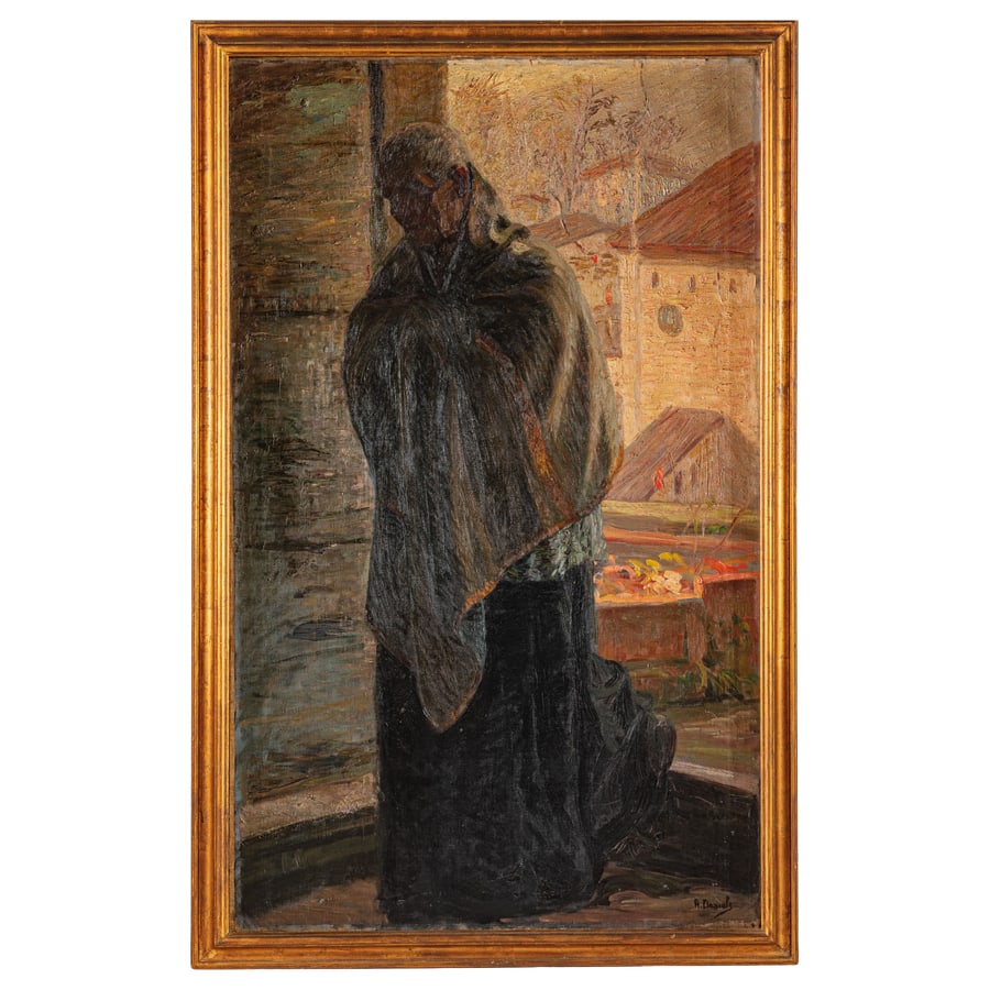 ARTURO DANIELE: Lucca, 1878 - 1944 La preghiera della sera Firmato A Daniele in basso a destra Olio su tela, cm 160X100 Provenienza: Lucca, Galleria Santa Croce Italia, collezione privata Arturo Daniele, formatosi a