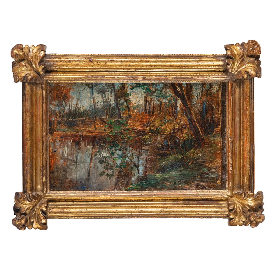 LEONARDO BISTOLFI: Casale Monferrato, 1859 - La Loggia, 1933 Paesaggio fluviale Monogramma LB in basso a sinistra Olio su tavola, cm 17,5X27,5 Provenienza: Torino, collezione privata L'opera reca autentica del figlio