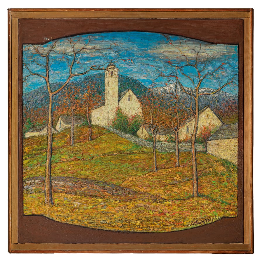 GIUSEPPE MAGISTRIS: Santa Maria Maggiore, 1911 - 1967 Il sole invernale in Vigezzo Firmato G Magistris in basso a destra Olio su tela, cm 75X75 Provenienza: Italia, collezione privata Giuseppe Magistris è