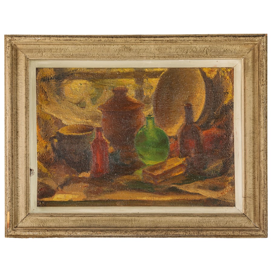 ITALO MUS: Chatillon, 1892 - S.Vincent, 1967 Natura morta Firmato I Mus in basso a destra Olio su tela, cm 49,5X70 Provenienza: Italia, collezione privata Italo Mus è stato un importante pittore italiano