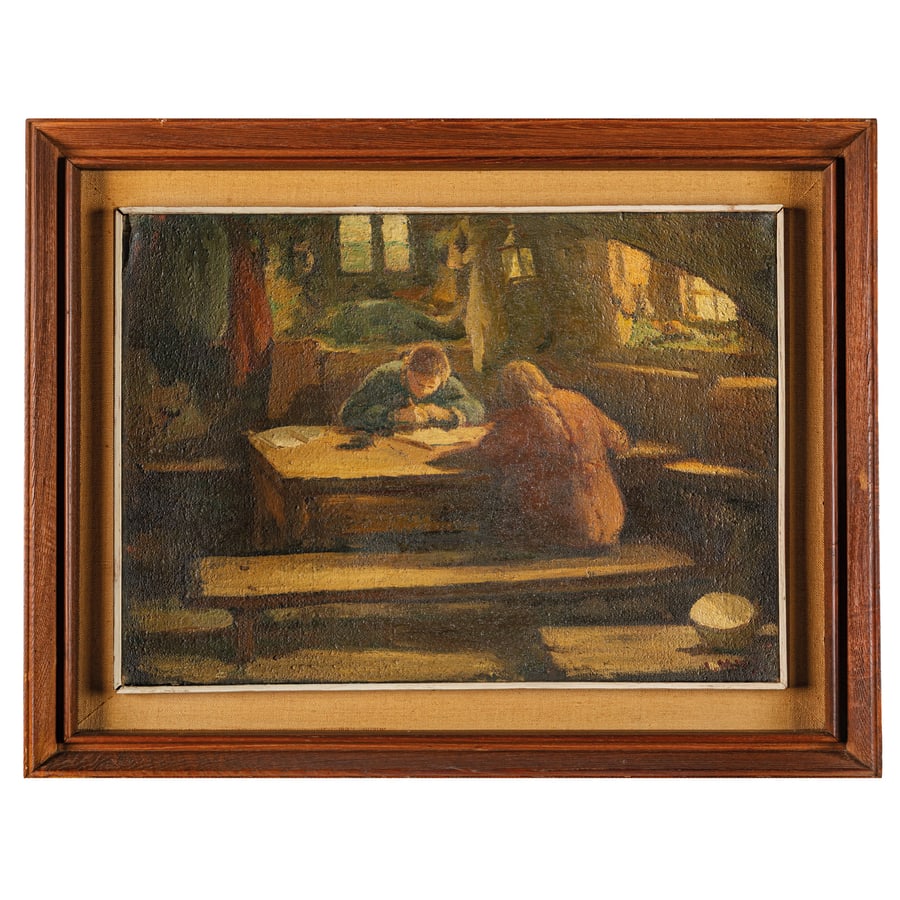 ITALO MUS: Chatillon, 1892 - S.Vincent, 1967 Il compito Firmato I Mus in basso a destra Olio su tela, cm 50X70 Provenienza: Milano, Galleria Italiana d'Arte Italia, collezione privata Esposizioni: Milano, Galler
