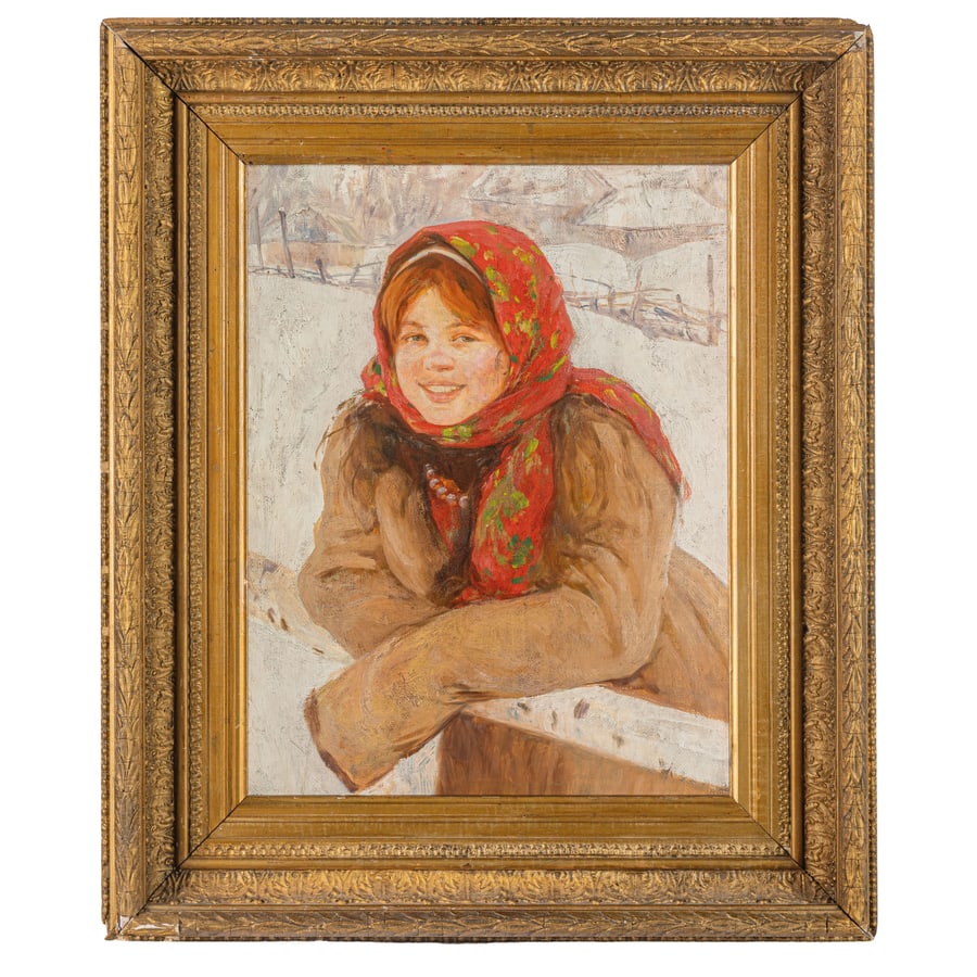 FEDOT VASILIEVICH SYCHKOV: Saransk, 1870 - 1958 Giovane contadina con foulard Olio su cartone, cm 50X38,5 Nato in una famiglia modesta nella regione della Mordovia, Sychkov ebbe una formazione in gran parte autodidatta, anche