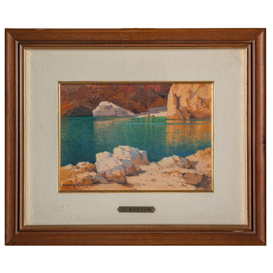 ALEKSEI VASILIEVICH HANZEN: Ucraina, 1876 - Croazia, 1937 Veduta costiera con bagnanti Firmato A Hanzen in basso a sinistra Olio su tela, cm 16X23 Alexei Hanzen fu un talentuoso pittore di marine e paesaggi, nipote e allievo di