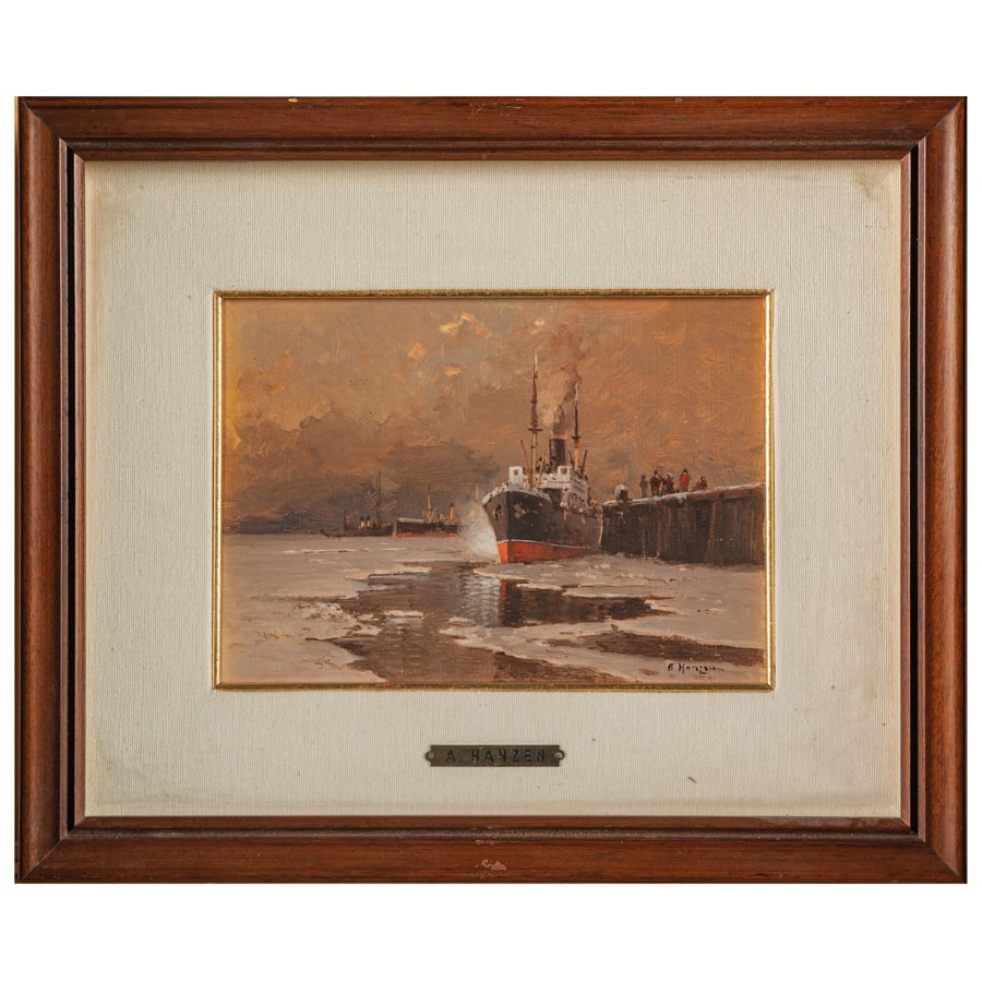 ALEKSEI VASILIEVICH HANZEN: Ucraina, 1876 - Croazia, 1937 Nave rompighiaccio nel porto Firmato A Hanzen in basso a destra Olio su tavola, cm 16X22
