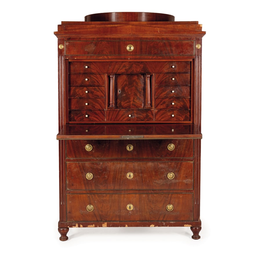 SECRETAIRE IMPIALLACCIATO IN LEGNO E PIUMA DI MOGANO, (1 of 4)