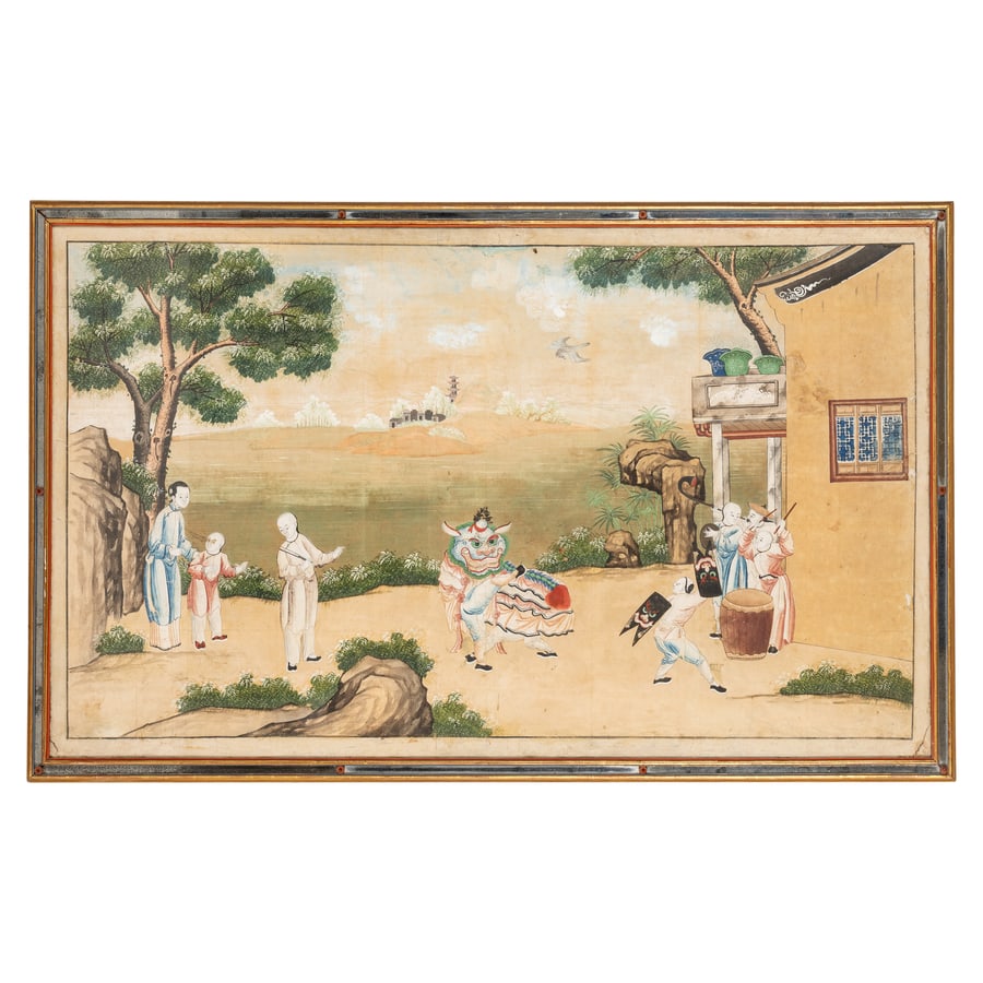 QUATTRO PANNELLI SU CARTA DIPINTA, XVIII SECOLO: con figure entro paesaggi diversi, applicate su tela e telaio antico in cornice moderna con inserti in specchio; difetti, ondulazioni e screpolature, macchie e tracce di sporco, alcune rotture e