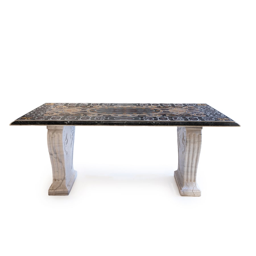 TAVOLO INTARSIATO IN MARMI DIVERSI, XX SECOLO: decorato con ricco ornato a girali ed elementi policromi, supporti amovibili in marmo lavorato a rilievo; minori difetti, pochi graffi e sbeccature Alt. cm 78 Piano, cm 190X95X4 I supporti, cm