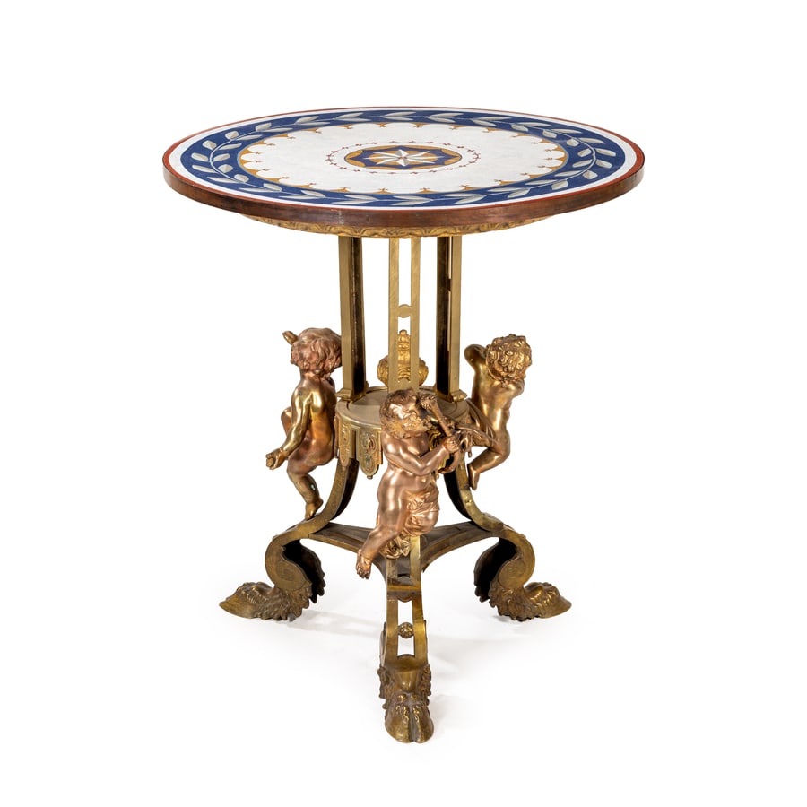 PIANO IN MOSAICO, XVIII-XIX SECOLO: decoro naturalistico stilizzato a tessere policrome, bordo e supporto in rame probabilmente di epoca successiva; difetti, minori graffi, restauri Cm 62X2 A MOSAIC TABLE TOP, 18TH-19TH CENTURY;