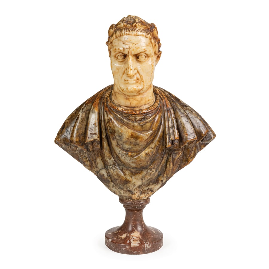 SCULTURA IN MARMI DIVERSI, XVIII SECOLO: raffigurante busto di un Cesare, base a plinto circolare; difetti, sbeccature, restauri al corpo, graffi Nel retro etichetta cartacea, forse di collezione Cm 35X25X10 A VARIOUS MARBLES SCULPTURE, 18TH