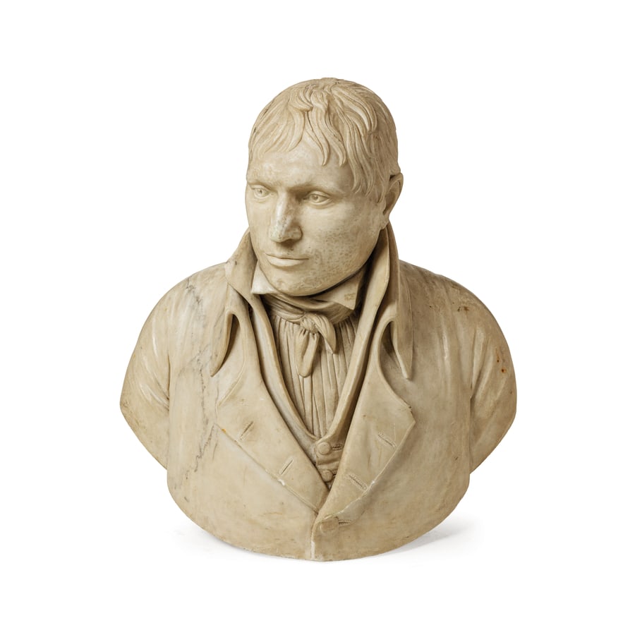 SCULTORE DEL XIX SECOLO: Busto di gentiluomo Marmo Difetti, graffi, minori sbeccature, mancanze nella punta del colletto, tracce di sporco e macchie Cm 55X51X26 A MARBLE BUST, 19TH CENTURY; DEFECTS, SCRATCHES, MINOR CHIPS, LO