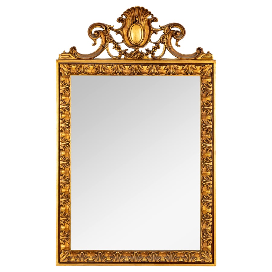 SPECCHIERA IN LEGNO INTAGLIATO E DORATO, XX SECOLO: in stile classico e squadrata, cimasa traforata con valva centrale; difetti, minori mancanze nella doratura, restauri Cm 118X74 Luce, cm 80X60 A CARVED AND GILDED WOODEN MIRROR, 20TH CENTURY; DEFECTS,