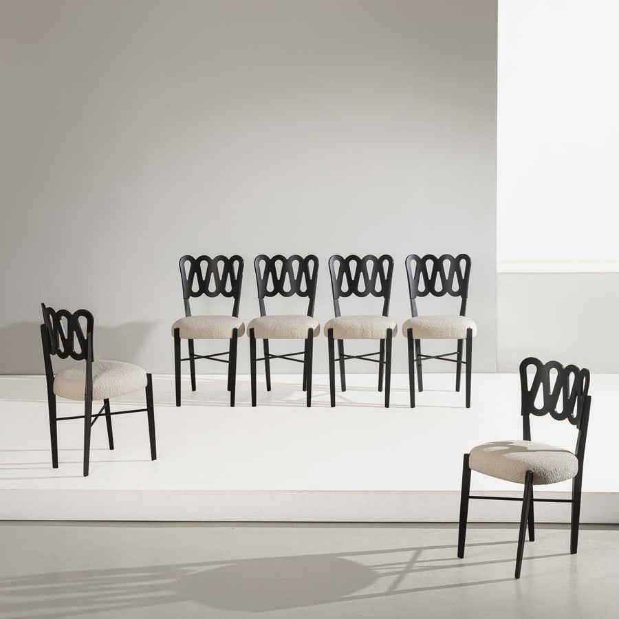 GIO PONTI: Sei sedie mod. 969. Legno laccato, tessuto imbottito. Italia anni '80. cm 83x43x45 SIX CHAIRS BY G. PONTI Domus n.748, aprile 1993, pp.76-77; Domus n.703, marzo 1989, pp. 80-81 Buone condizioni genera