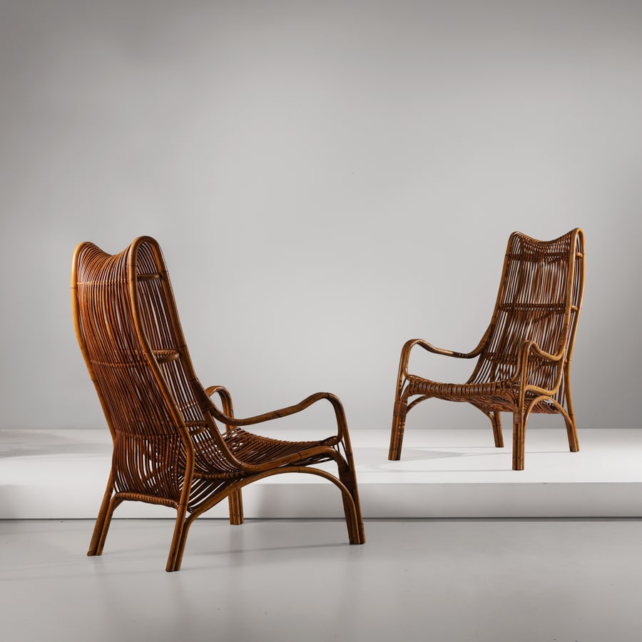 WALTER TOFFOLONI, PIERO PALANGE: Coppia di poltrone. Bamboo, malacca. Produzione Gervasoni, anni '60. cm 118x73x90 A PAIR OF ITALIAN ARMCHAIRS BY. W. TOFFOLONI & P. PALANGE Domus 373, dicembre 1960, p. 29. Condizioni molto buone.
