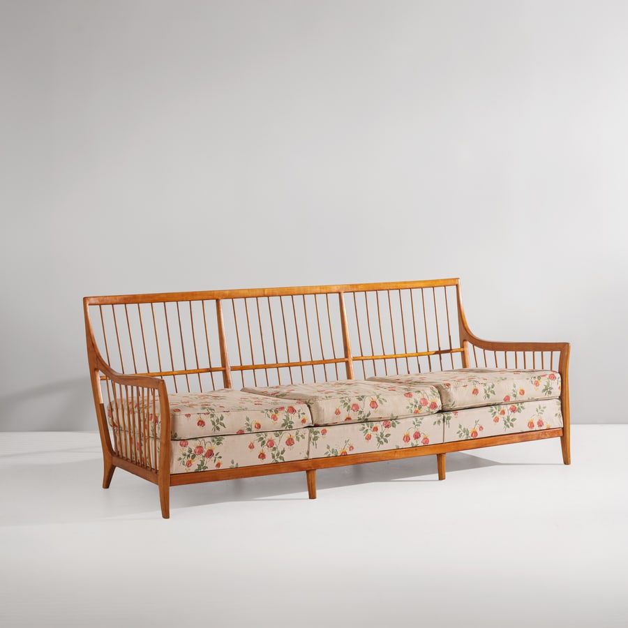 PAOLO BUFFA: Divano. Legno di ciliegio massello, tessuto imbottito. Italia, anni '40. cm 77x197x80 A SETTEE BY P. BUFFA Cfr.: R. Aloi, Esempi di arredamento moderno, sedie poltrone e divani, Hoepli 1950, fig.