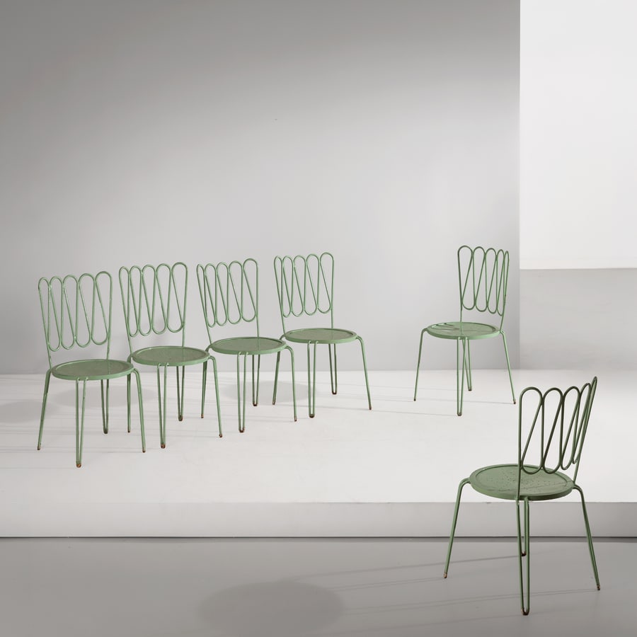 GIO PONTI: Sei sedie. Tondino di ferro, lamiera. Produzione Casa&Giardino , anni '40; '50. cm 86x43x46 ca. SIX CHAIRS BY G. PONTI Discrete condizioni. Righe, graffi, segni d'usura, mancanze, riverniciate più