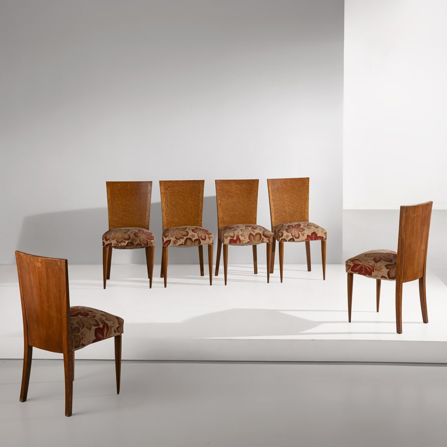 EMILIO LANCIA ( ATTRIB.A): Sei sedie neoclassiche. legno di noce massello con parti dorate, legno di abete lastronato in radica di thuja, tessuto imbottito. Italia 1930 ca. cm 90x45x45 SIX NEOCLASSICAL CHAIRS ATTRIBUTED TO E.