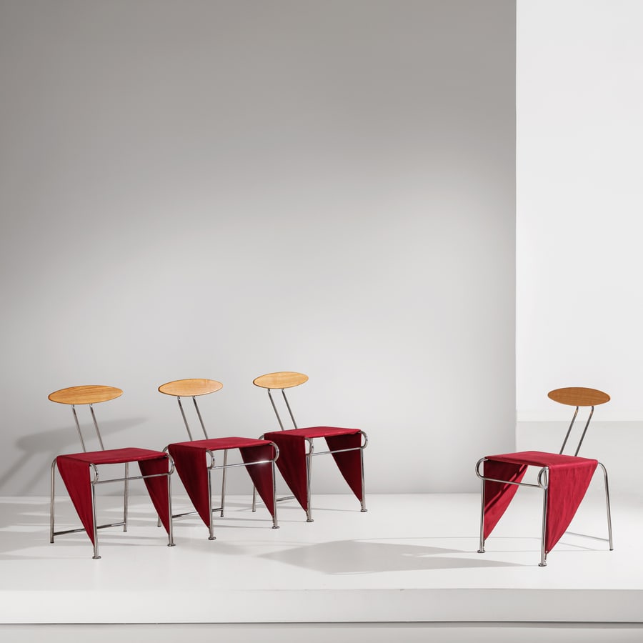 MASSIMO IOSA GHINI: Quattro sedie mod. Notorius. Acciaio, legno di faggio massello, tessuto. Produzione Moroso, 1988 ca. Etichetta del produttore. cm 82x45x55 ca. FOUR CHAIRS BY M. IOSA GHINI New York Times, 14 aprile 19