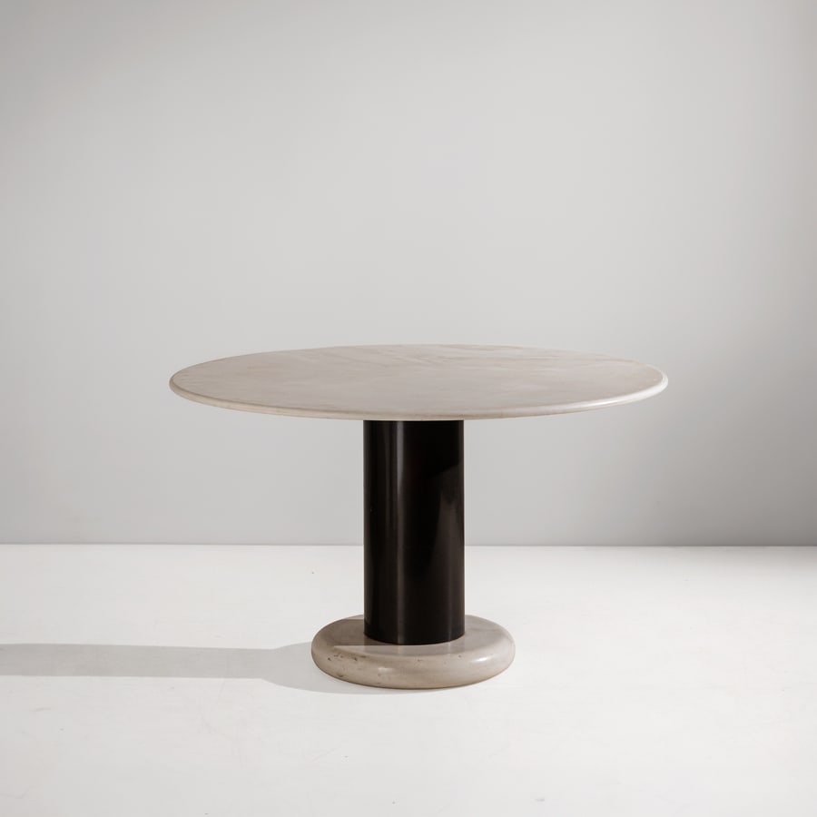 ETTORE SOTTSASS: Tavolo mod. Loto Rosso. Metallo verniciato, marmo tornito. Produzione Poltronova 1965 ca. cm 71x120x120 A TABLE BY E. SOTTSASS G. Gramigna, Repertorio del design italiano 1950-2000, Allemandi, 2021,