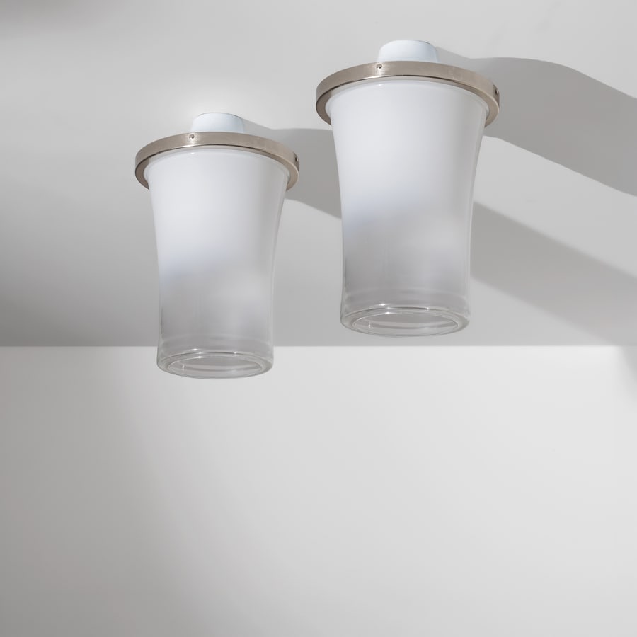 ANGELO MANGIAROTTI: Coppia di lampade a plafone. Vetro opalino sfumato, metallo cromato, metallo verniciato. Produzione Vistosi, dal 1967 ca. cm 56x35x35 A PAIR OF CEILING LAMPS BY A. MANGIAROTTI Rivista d'epoca. C.