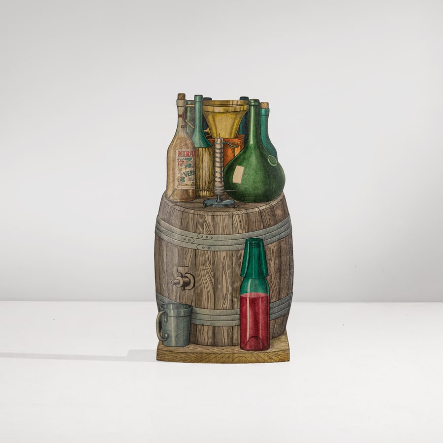 PIERO FORNASETTI: Portaombrelli. Metallo verniciato, alluminio serigrafato. Produzione Atelier dell'Artista anni '50. cm 75x38x18 AN UMBRELLA STAND BY P. FORNASETTI per modelli della stessa serie vedi: B. Fornasetti,