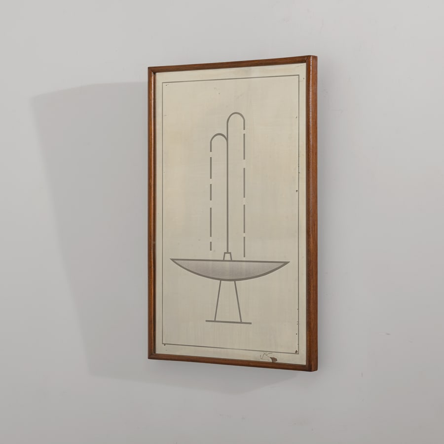 FONTANA ARTE: Specchio. Legno di noce tinto, vetro specchiato e sabbiato. Italia, anni 30. cm 71,5x46,5x3,5 A MIRROR BY FONTANA ARTE Buone condizioni. Cornice rilucidata. Piccole perdite di argentatura nel