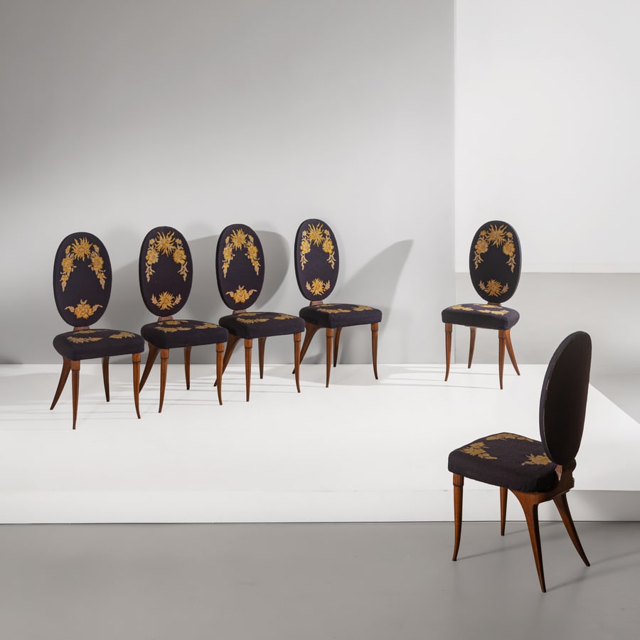 PIER LUIGI COLLI: Sei sedie. Legno di noce massello, tessuto imbottito. Produzione P. L. Colli Torino anni '40. Targhetta del produttore. cm 105x46,5x46,5 SIX CHAIRS BY P. L. COLLI Discrete condizioni generali. Righe, 