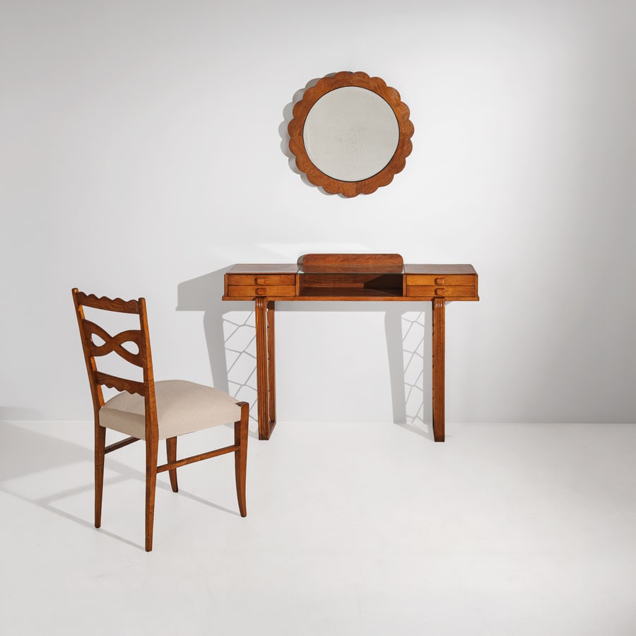 PAOLO BUFFA (ATTRIB. A): Coiffeuse. Legno di rovere, vetro e vetro specchiato, orda di canapa, ottone. Italia, anni '40. cm 83x122x34; cm 94x46x53; cm 65x3 A VANITY ATTRIBUTED TO P. BUFFA Buone condizioni generali: normali