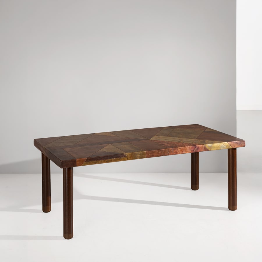 LORENZO BURCHIELLARO: Tavolo. Legno di faggio tinto, rame, ottone, metallo patinato. Italia anni '70. Marchio impresso cm 89x75x200 A TABLE BY L. BURCHIELLARO Buone condizioni generali. Piccole righe, leggeri graffi, norma