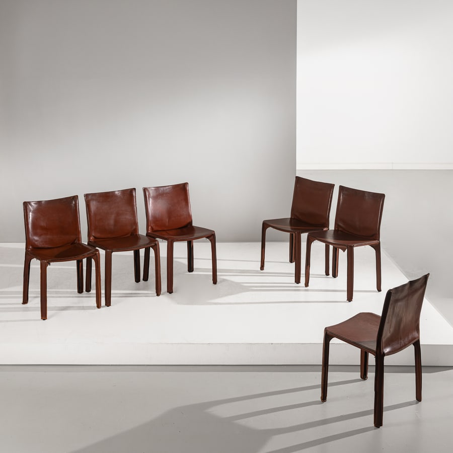 MARIO BELLINI: Sei sedie mod. 412 Cab. Metallo, cuoio, abs stampato. Produzione Cassina 1977. Marchio della manifattura impresso. cm 62x80x53 FOUR CHAIRS BY M. BELLINI G. Gramigna, Repertorio 1950-2000, Allemandi, T