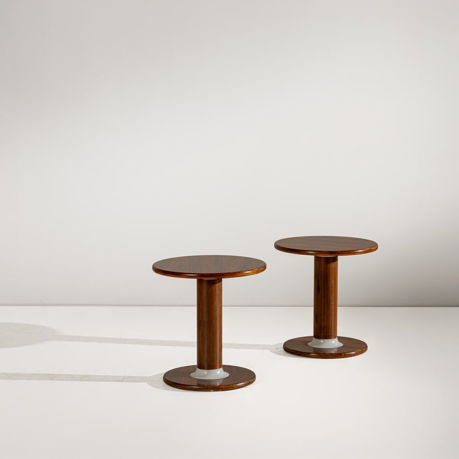 ETTORE SOTTSASS: Coppia di tavolini mod. Rocchetto. Legno, legno laccato. Produzione Poltronova, 1966 ca. cm 46x44x44 A PAIR OF OCCASIONAL TABLE BY E. SOTTSASS Domus n. 433, dicembre 1965, p. 42; I. Mietton,