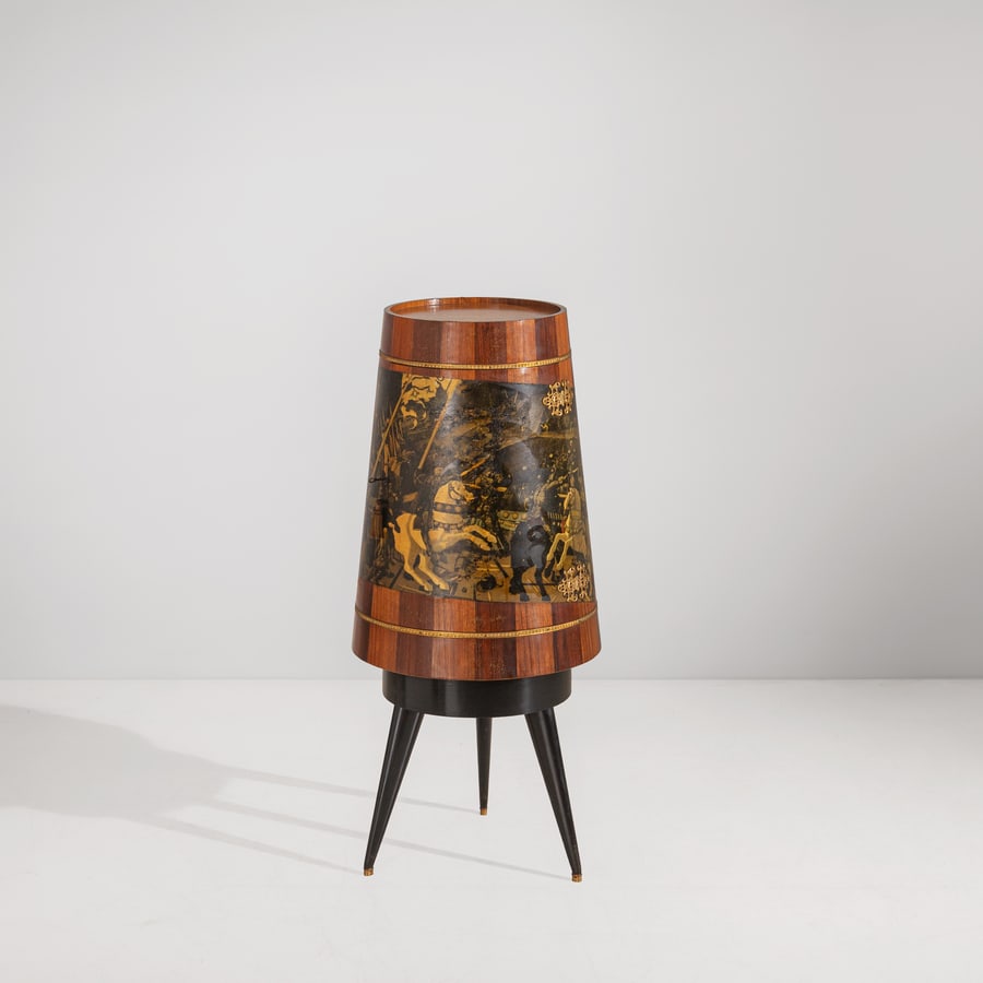 ALDO TURA: Mobile bar. Legni vari, legno serigrafato, cristallo molato, cristallo specchiato, vetro opalino, legno ebanizzato. Produzione Atelier dell'Artista anni '50. cm 125x55x55 ca. A BAR CABINET BY A. TURA