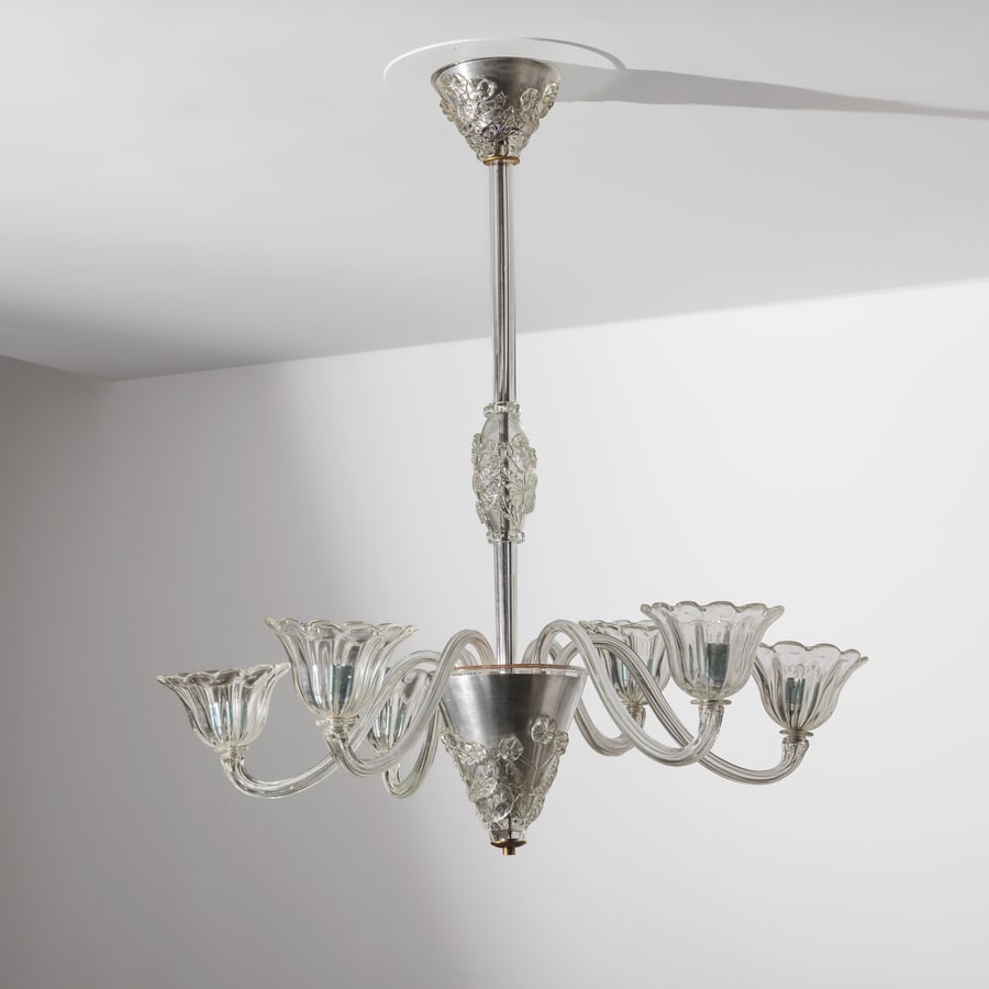 ERCOLE BAROVIER: Lampada a sospensione. Metallo, vetro trasparente con lavorazioni ed applicazioni a caldo. Murano, anni '40. cm 120x95x95 A CEILING LAMP BY E. BAROVIER Cfr.: A. Dorigato (a cura di), Ercole Barovier, 