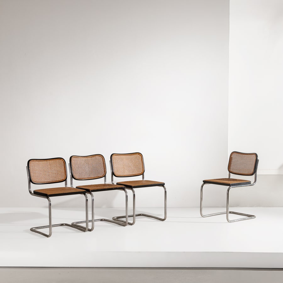 MARCEL BREUER: Quattro sedie mod. Cesca. Tubolare cromato, legno laccato, paglia di Vienna. Produzione Gavina anni '70. Una sedia con etichetta del produttore. cm 77x47x60 ca. FOUR CHAIRS BY M. BREUER Domus n. 398,