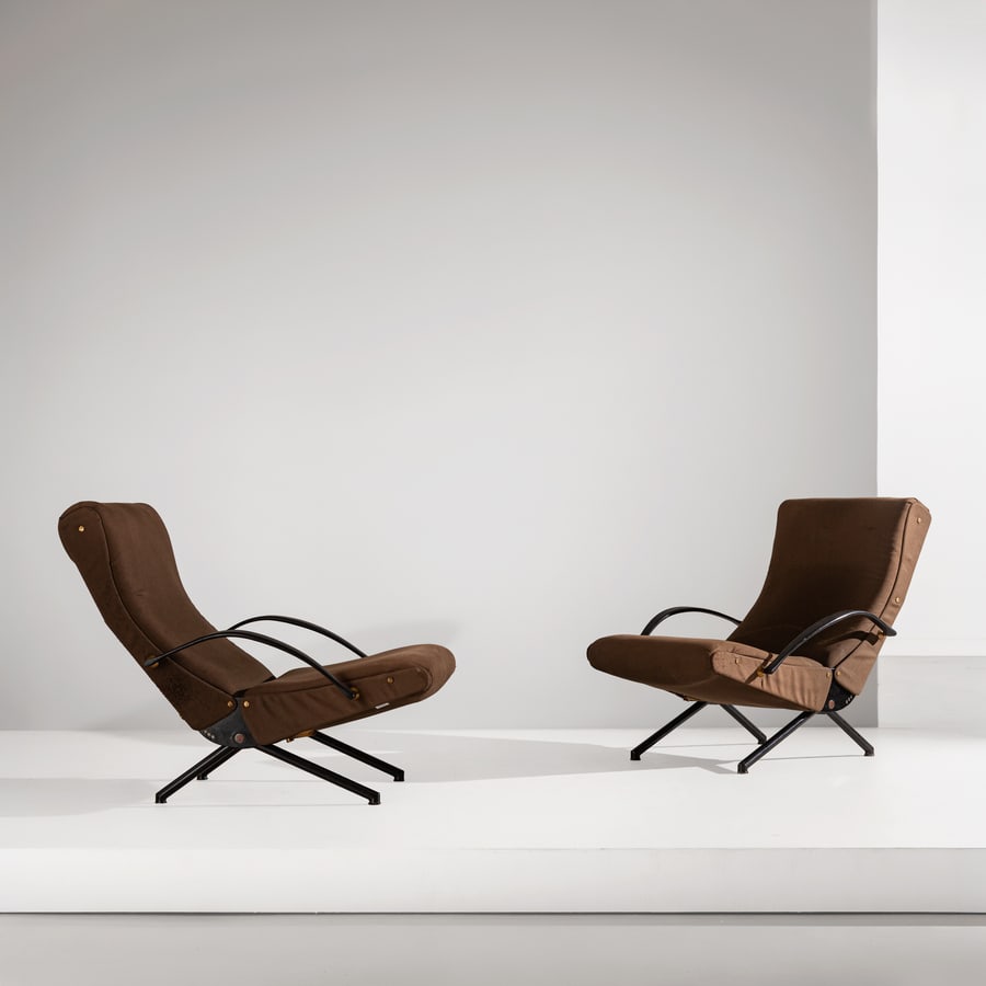 OSVALDO BORSANI: Coppia di poltrone ; chaise longue mod. P40. Metallo verniciato, gomma, ottone, tessuto imbottito. Produzione Tecno 1950 ca. cm 72x130x86 A PAIR OF ARMCHAIRS BY O. BORSANI Domus, n. 318, maggio 1956; 