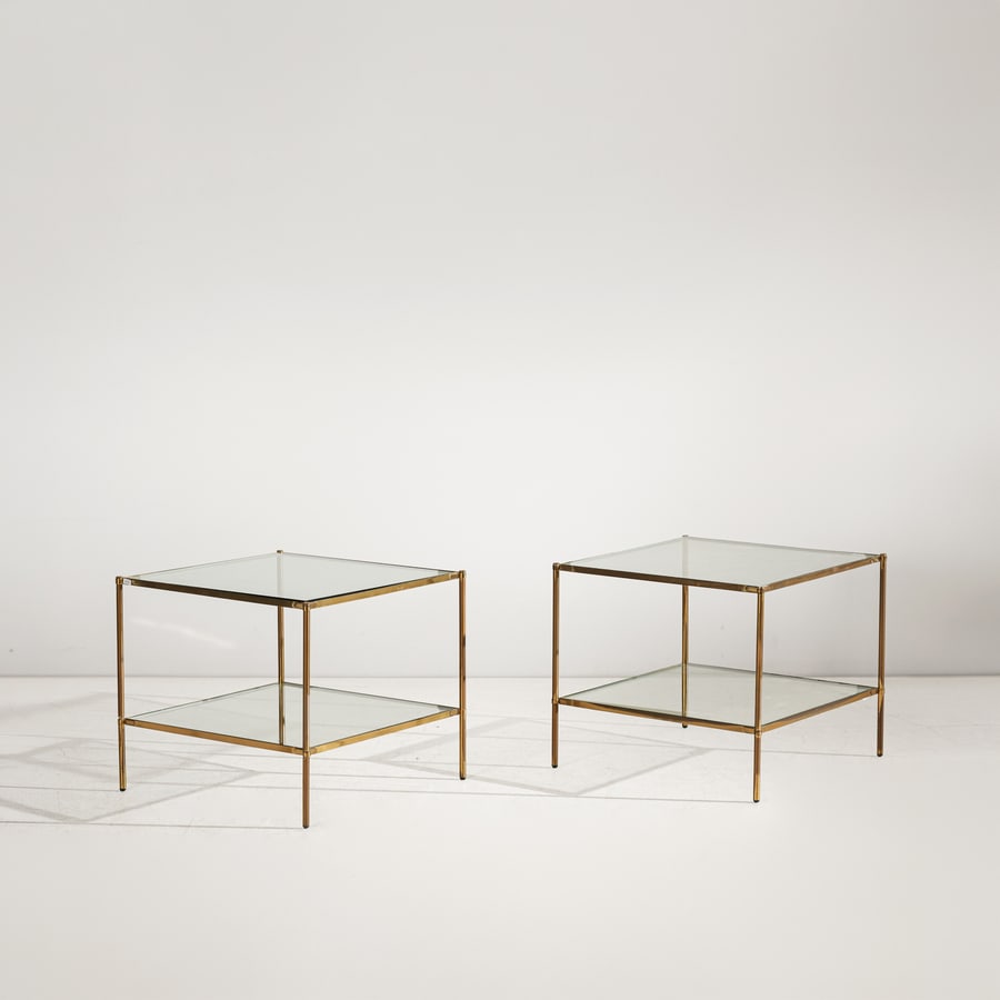 CORRADO CORRADI DELL'ACQUA: Coppia di tavolini mod. T12 Montecarlo. Ottone, cristallo molato. Produzione Azucena anni '50. cm 47x54x54 A PAIR OF SIDE TABLES BY C. C. DELL'ACQUA Catalogo di produzione Azucena Buone condizioni
