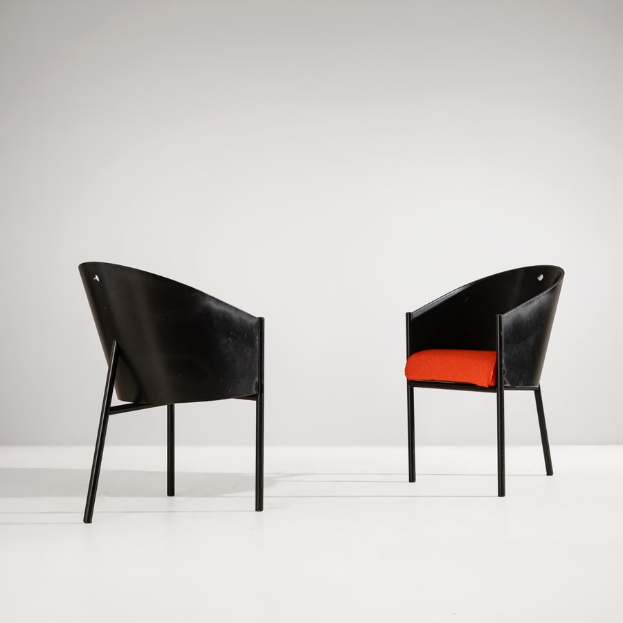 PHILIPPE STARCK: Due sedie mod. Costes. Metallo verniciato, legno curvato ebanizzato, tessuto imbottito. Produzione Driade, 1985 ca. cm 80x48x53 TWO CHAIRS BY P. STARCK Buone condizioni. Vernice visibilmente ripresa n