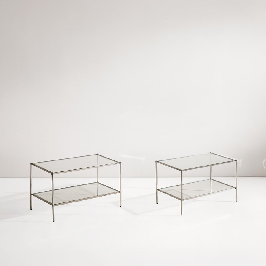 CORRADO CORRADI DELL'ACQUA: Coppia di tavoli mod. T12 Montecarlo. Metallo cromato, cristallo molato Produzione Azucena anni '70. cm 46x68x48 TWO SIDE TABLES BY C. C. DELL'ACQUA Catalogo di produzione Azucena Buone condizioni